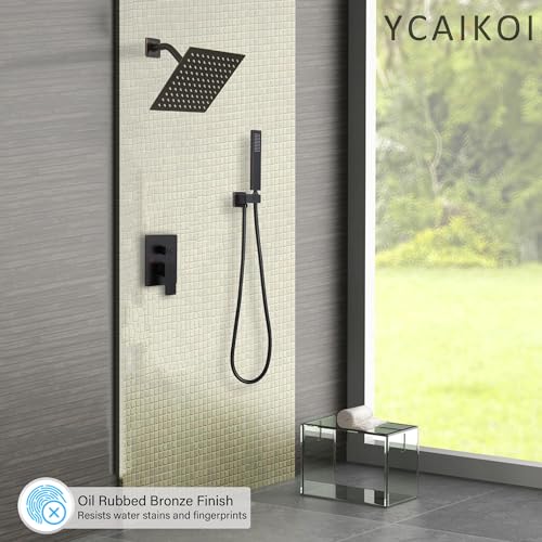 Image of Oil Rubbed Bronze Shower System, 8 Inch High Pressure Rain Shower with Handheld, Wall Mount Shower Faucet Set for Bathroom, Rough-in Valve Body and Trim Included