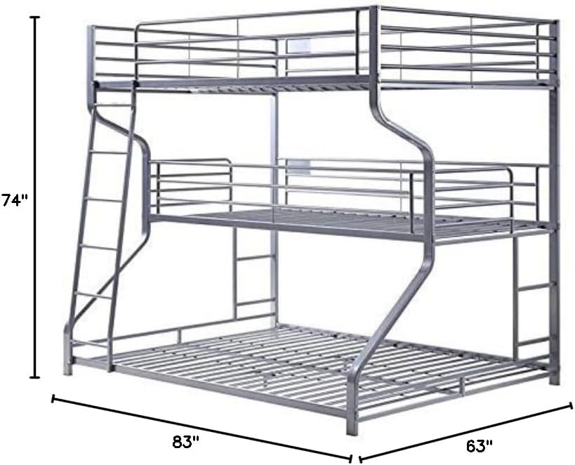 BOWERY HILL Triple Metal Bunk Bed, Full Over Twin Over Queen, Space-Saving Design, Silver Finish, Guardrails and Ladders Included, Contemporary Vertical Frame for Kids or Guest Bedroom Use