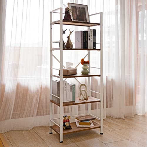 Crofy 5 Tier White Bookshelf, Real Wood Bookshelf Simply Assembled In 10 Minutes, Metal Book Shelf For Storage, Bookcase For Office Organization And Storage, 12.6 D X 23.62 W X 64.17 H Inches #TOP7