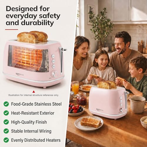 Image of 2 Slice Toaster Retro Stainless Steel with Bagel, Cancel, Defrost Function and 6 Bread Shade Settings Bread Toaster, Extra Wide Slot and Removable Crumb Tray (Pink)