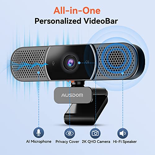 Ausdom Aw616 3-In-1 Videobar Qhd 2K Webcam With Microphone And Speaker, Privacy Cover,Plug And Play， For Zoom/Skype/Teams,Conferencing And Video Calling, Black #TOP1