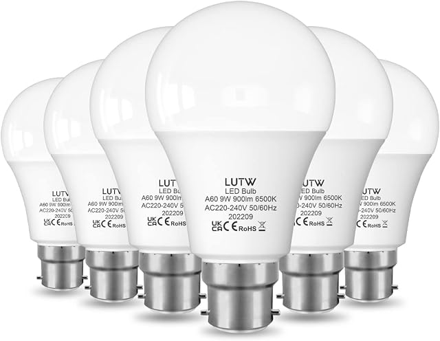 LUTW B22 Led Light Bulbs Bayonet, 60W Equivalent, Cool White 6500K, 9W 900lm LED Bulbs, BC GLS Energy Saving Light Bulbs, Non-dimmable, Pack of 6