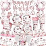 Yingoto 201pcs 80th Birthday Decorations for Women Tableware Set, Rose and Gold 80th Birthday Plates and Napkins,2pcs tablecloth, Pre-Strung Banner for 80 and Fabulous Decorations, 25 Guests