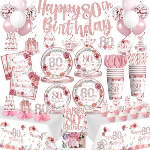 Yingoto 201pcs 80th Birthday Decorations for Women Tableware Set, Rose and Gold 80th Birthday Plates and Napkins,2pcs tablecloth, Pre-Strung Banner for 80 and Fabulous Decorations, 25 Guests