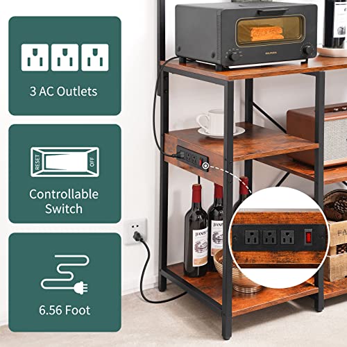 Yoobure Bakers Rack with Power Outlet, Microwave Stand with Storage, Kitchen Stand with 10 Hooks, Industrial Bakers Rack for Kitchen Storage Shelf Coffee Bar Station for Spices, Pots and Pans