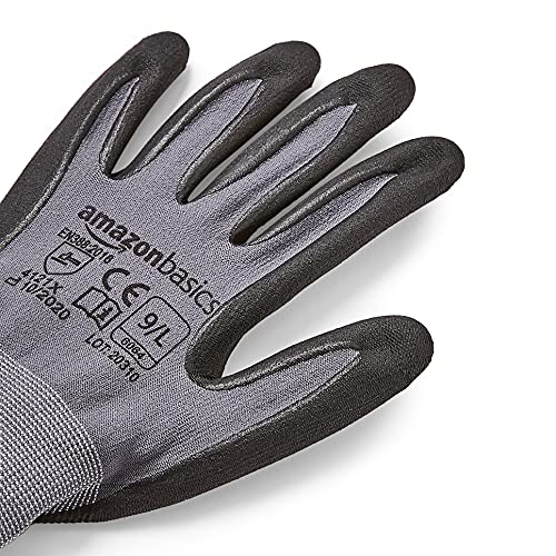 Image of Amazon Basics Micro-Foam Nitrile Coated Safety Work Gloves, Nylon Liner Fiber, Touch Screen Compatible, Grey, Size 9, Large, 6-Pack