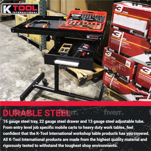 K Tool International 75107 Adjustable Tear Down Work Table with Drawer for Garages, Repair Shops, and DIY, Portable, (4) 2" Swivel Casters, 200 Pound Capacity, Rubber Corners, Heavy Duty Steel, Black
