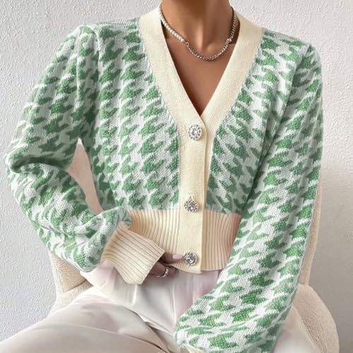 Women Houndstooth Print Button Down Crop Sweater Cardigan Lantern Sleeve V Neck Drop Shoulder Casual Crop Bolero3