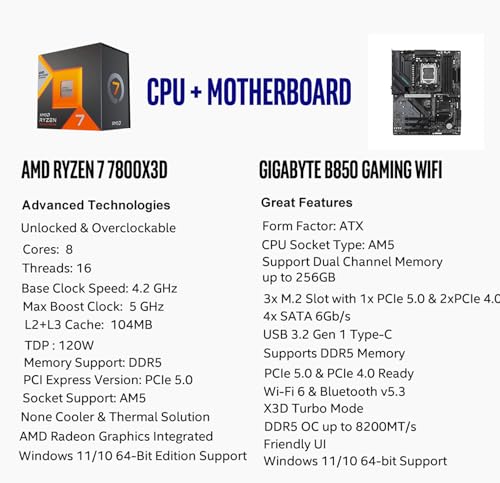Image of Micro Center AMD Ryzen 7 7800X3D CPU Processor with Gigabyte B850 Gaming WIFI6 Motherboard (ATX, DDR5, 3X M.2, PCIe 5.0, USB-C, WIFI6)