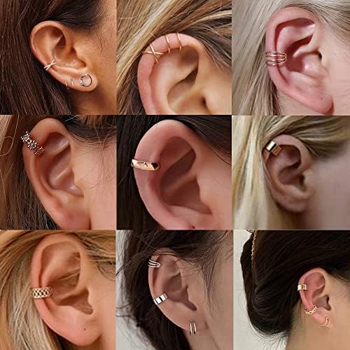 LOLIAS 20PCS Ear Cuff Earrings Set Adjustable for Women Non-Piercing Cartilage Clip On Wrap Earring Fake Helix Cartilage Earrings Cuffs Lip Nose Ring Non Pierced