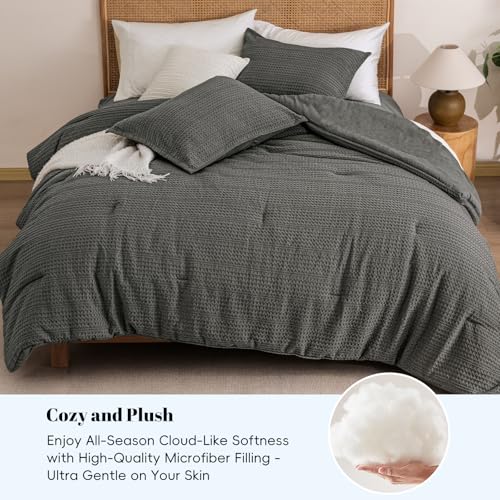 Image of PHF Soft Waffle Comforter Set Queen Size- Comfy Breathable Waffle Weave Comforter with 2 Pillow Shams, 3 Pieces Less Snagging Lightweight Textured Bedding Set for All Season, Grey