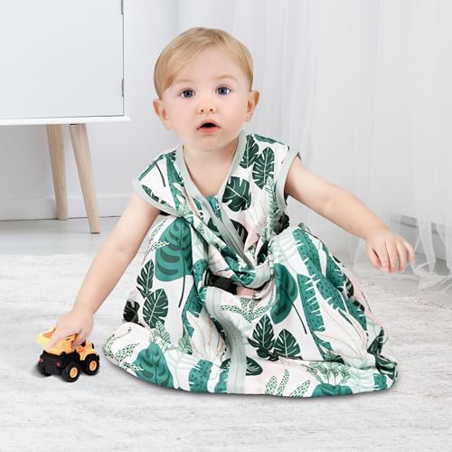Image of BSTOPPT 3 Pack Baby Sleep Sack 0-6 Months 100% Rayon Cotton Baby Sleeping Bag 2-Way Zipper Toddler Wearable Blankets Comfy Stretchy Lightweight TOG 0.3 (Banana&leaf&green)