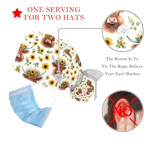Image of 2 PCS Bouffant Cap with Button Ponytail Pouch Working Cap Sweatband Adjustable Surgical Cap Black and White Cow