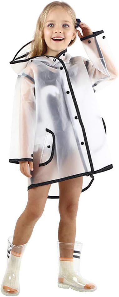Kids Transparent Button Raincoat, Boys Girls Hooded Rain Jacket, Lightweight Rain Wear (A, S)
