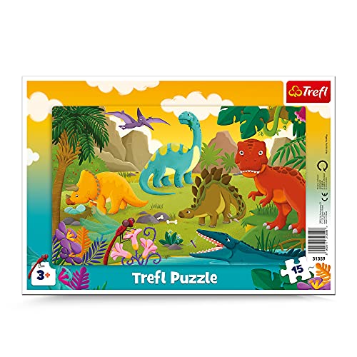 Trefl, Puzzle, Rahmenpuzzle mit Unterlage, 15 Teile, Dinosaurier, für Kinder ab 3 Jahren, 31359, Farbig