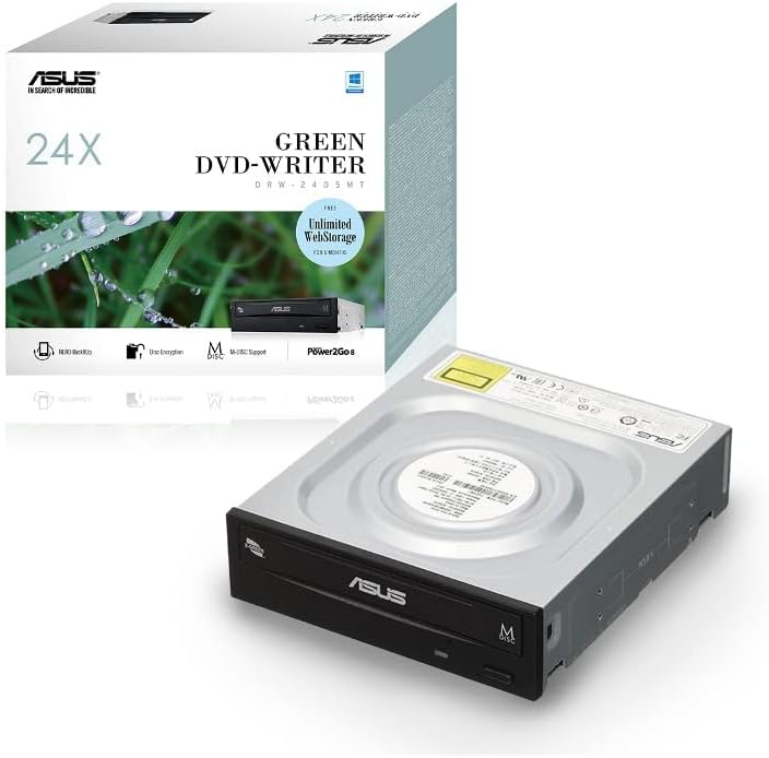 ASUS DRW-24D5MT 24X DVD Writer, M-DISC Support, Disc Encryption, Unlimited Webstorage(12 Months), Nero Backitup, E-Green, E-Media, Black
