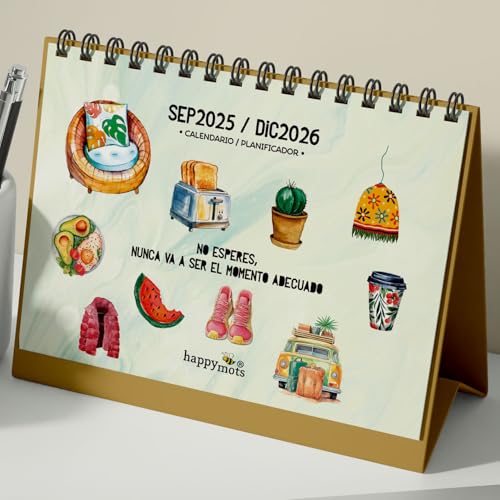 HappyMots Calendario Sobremesa 2025 2026 | 16 Meses Calendario Escritorio 2025 2026 | Espacio Diario y Notas Laterales | Hojas Resistentes, Diseño Bonito y Frases Motivadoras