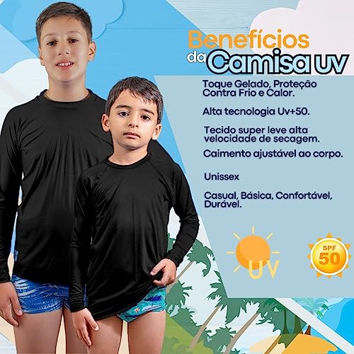 Camisa Térmica Infantil Segunda Pele Manga Longa Proteção Uv Cor:Preto;Tamanho:(11-12 Anos)