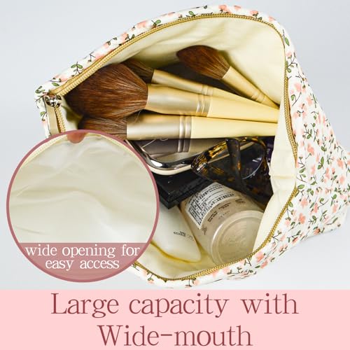 Quilted Cotton Makeup Bag, Puffy Coquette Cosmetic Pouch for Women Teens Girls, Large Travel Toiletry Organizer, Cute Aesthetic Zippered Clutch3