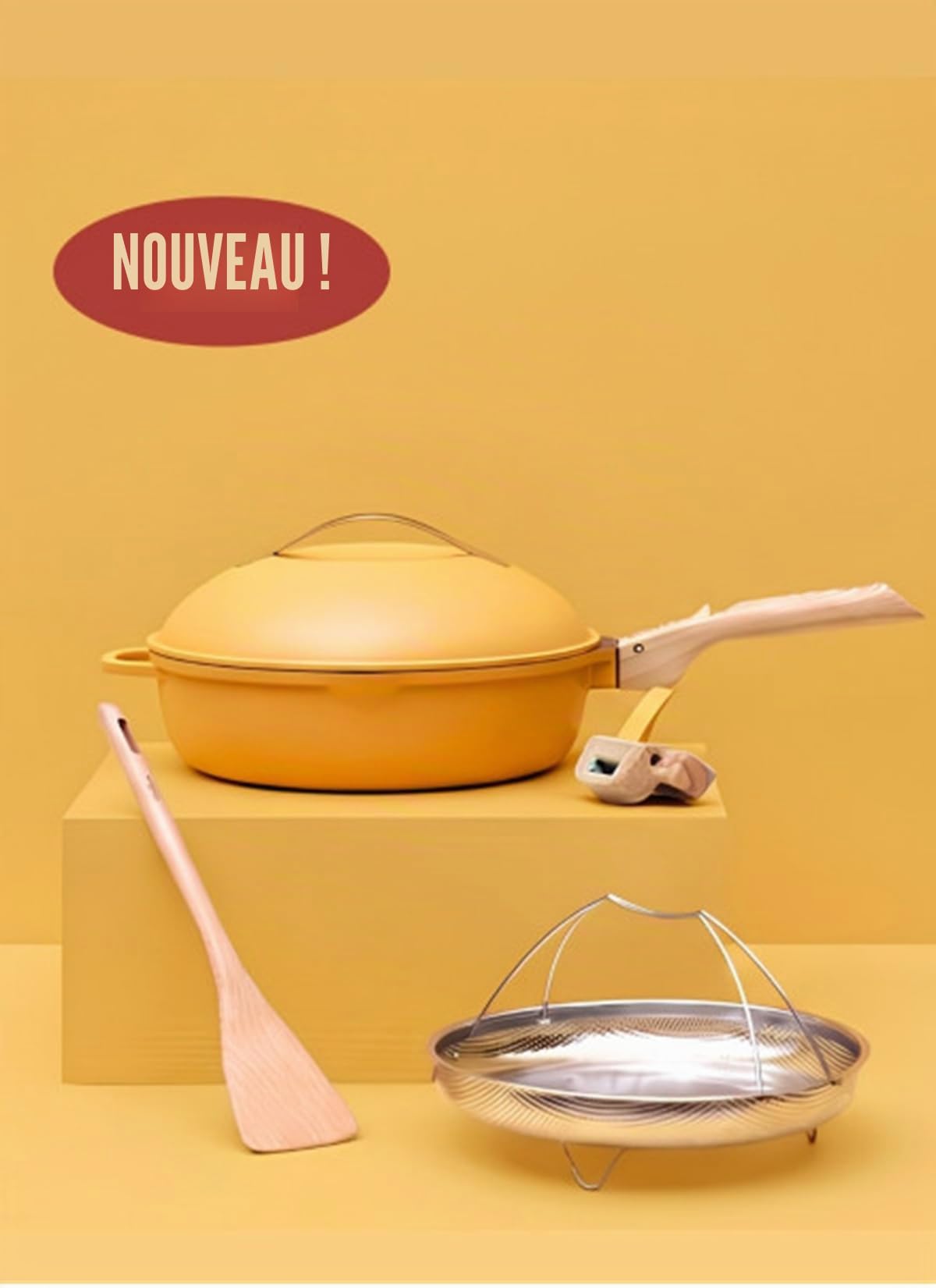 COOKUT - La Fabuleuse poêle 8 en 1 – Un seul ustensile qui remplace poêle, casserole, sauteuse - Avec 2 poignées amovibles, panier vapeur/friture, spatule en bois - Mangue
