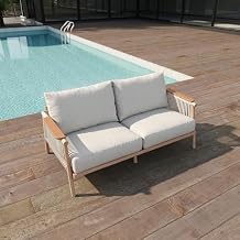 Acanva All-Weather Outdoor Lovesaet with Aluminum Frame and Thick Cushions, Olefin Fabric Sunroom Backyard Patio Sofa Furniture, Light Khaki