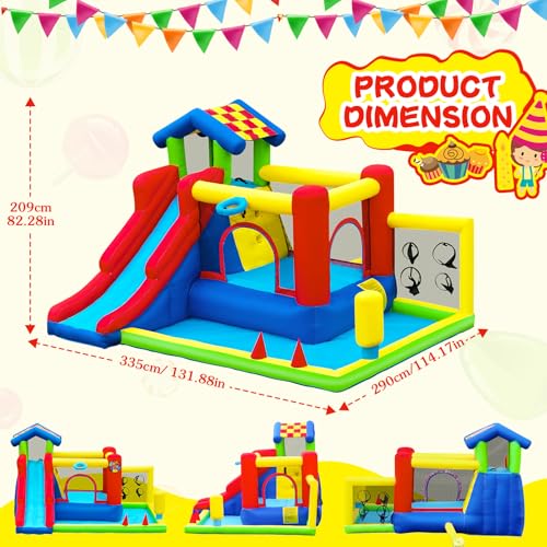 GYMMALL Inflatable Bounce House for Kids, 9 in 1 Bouncy House with Slide, Jumping, Climbing Wall, Basketball Hoop, Bouncy Castle for Kids Indoor Bounce House with Blower for Indoor Outdoor Backyard
