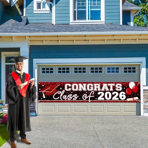 Image of Large Congrats Class of 2026 Banner Red Backdrop Graduation 2026 Yard Sign for Graduation Party Supplies Graduation Decorations 2026(Red)