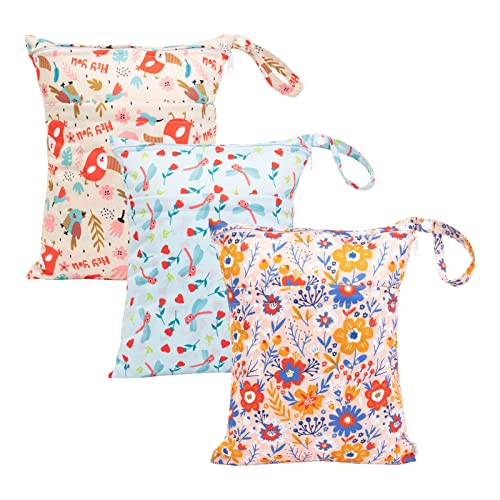Image of babygoal Wet Dry Bags for Baby Cloth Diapers, Washable Travel Bags, Beach, Pool, Gym Bag for Swimsuits & Wet Clothes with Two Zippered Pockets 3 Pack, 3LN30