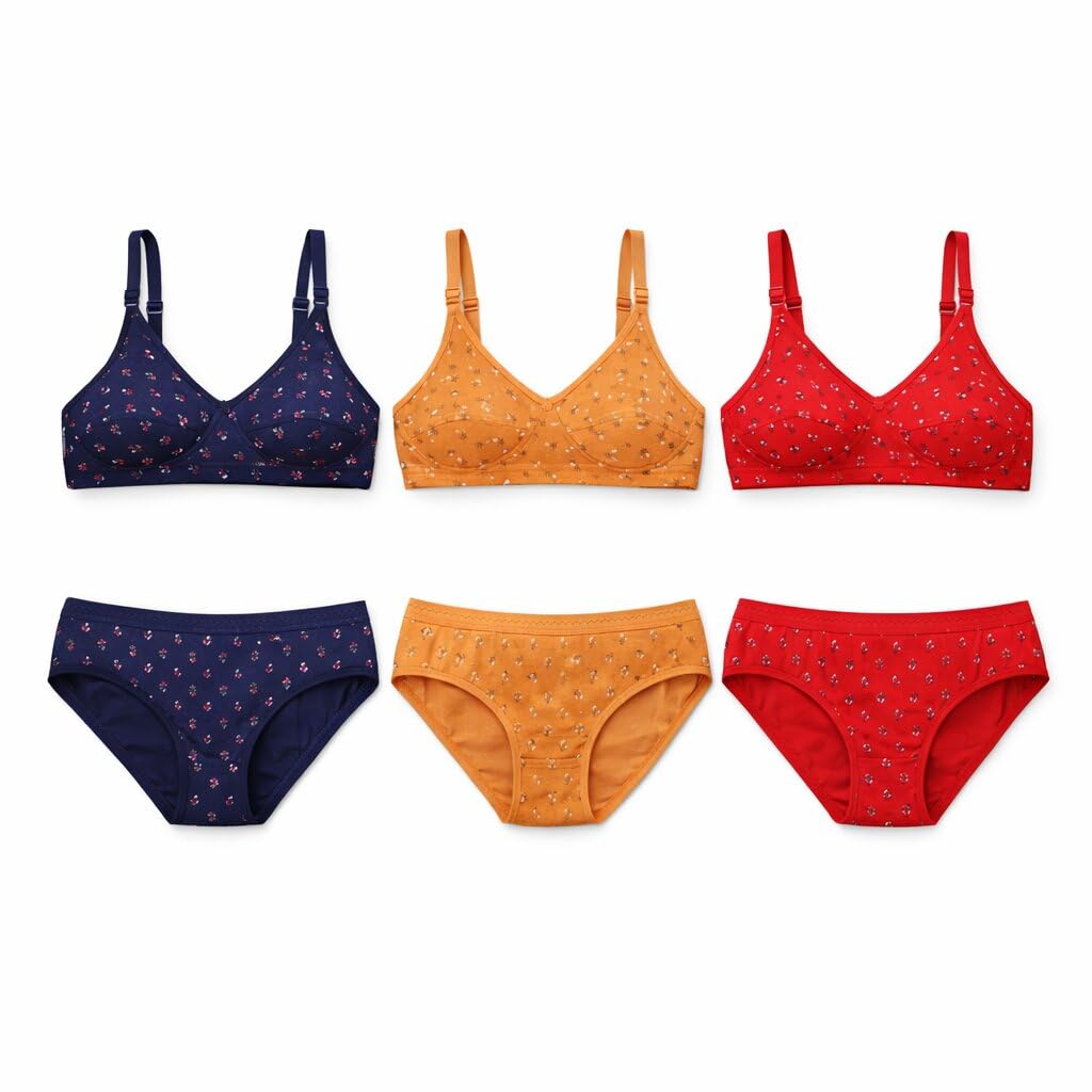 Pack of 3 Printed Bra & Panty Set for Women & Girls | Non-Padded Non-Wired T-Shirt Bra with Matching Hipster Panty | Comfortable Soft Lingerie Set | Everyday Innerwear-image-39