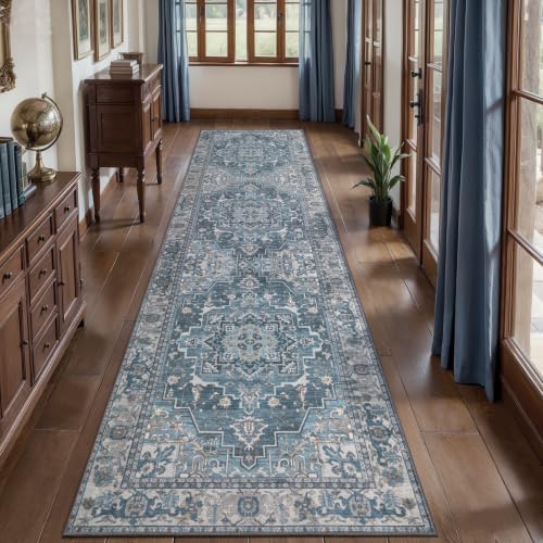 Image of Tangsoo Vintage 2.6x10 Washable Hallway Runner Rugs, Non Slip Runners Blue