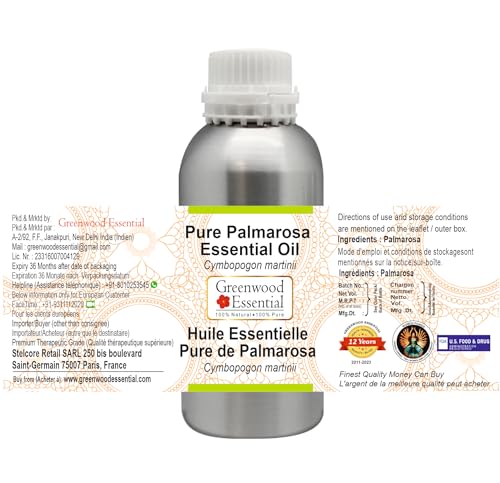 Image of Greenwood Essential Palmarosa Essential Oil (Cymbopogon martinii) Pure | Non-Sticky | Non-greasy | Lightweight | Men & Women | All Skin Types | Steam Distilled 300ml
