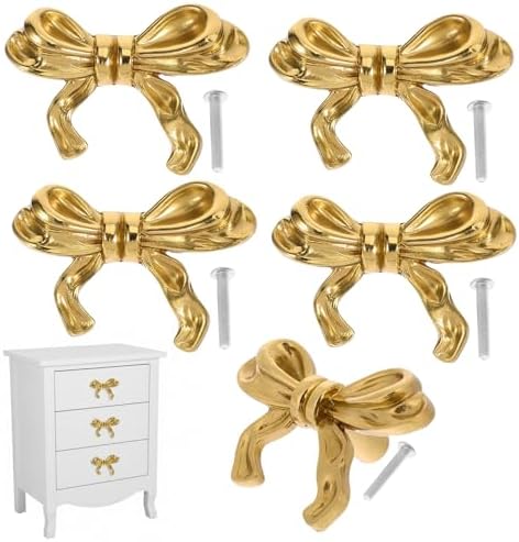 5 Pcs Gold Bow Drawer Knobs, Brass Bow Drawer Pulls with Screws, Vintage Cabinet Dresser Knobs Handles for Bedroom Furniture, Kitchen Cupboard Hardware Decor (Small Size 1.96X1.37X4.92In)