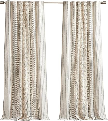 Image of INK+IVY Imani 100% Cotton Panel Curtain Tufted Chenille Stripe Geometric Print Mid-Century Look Rod Pocket Top Drape for Living Room,Privacy Window Treatment for Bedroom,50 inch x 84 inch,Ivory,(Pack of 4)