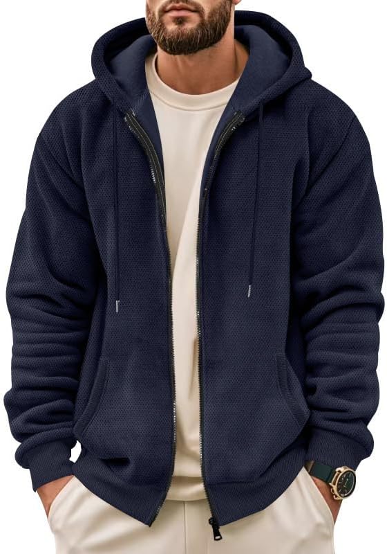 Men's Full-Zip Hoodie - Knit Adjustable Hood Jacket with Pockets Warm Fall Winter Pullover for Daily Wear - Image 3