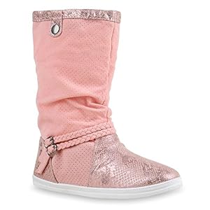 stiefelparadies Bequeme Damen Stiefel Schlupfstiefel Lochungen Flache Boots Leder-Optik Metallic Schuhe 137485 Rosa Bexhilll 39 Flandell