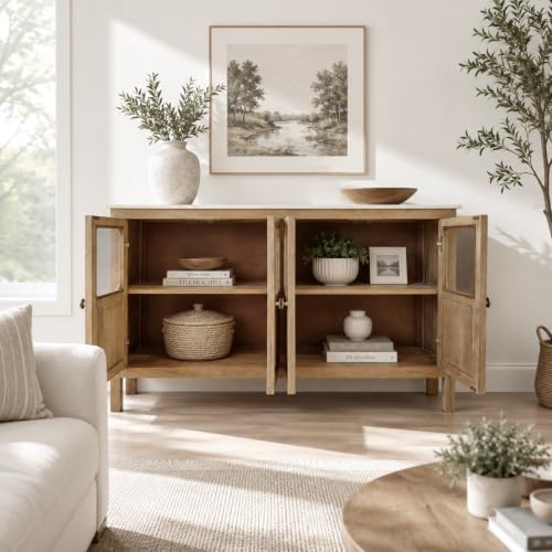 Image of The Attic Crestwood Solid Wood Sideboard Cabinet with Glass Doors | Storage & Display Cabinet for Living Room & Dining Room | Handcrafted Mango Wood, Light Teak Finish