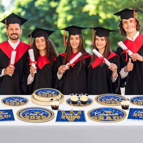 Image of QZYL Graduation Party Supplies Set for 50 Guests, Blue and Gold Graduation Plates and Napkins 2026, 200Pcs Disposable Grad Plates, Napkins, Dessert Plates and Forks for 2026 Grad Ceremony