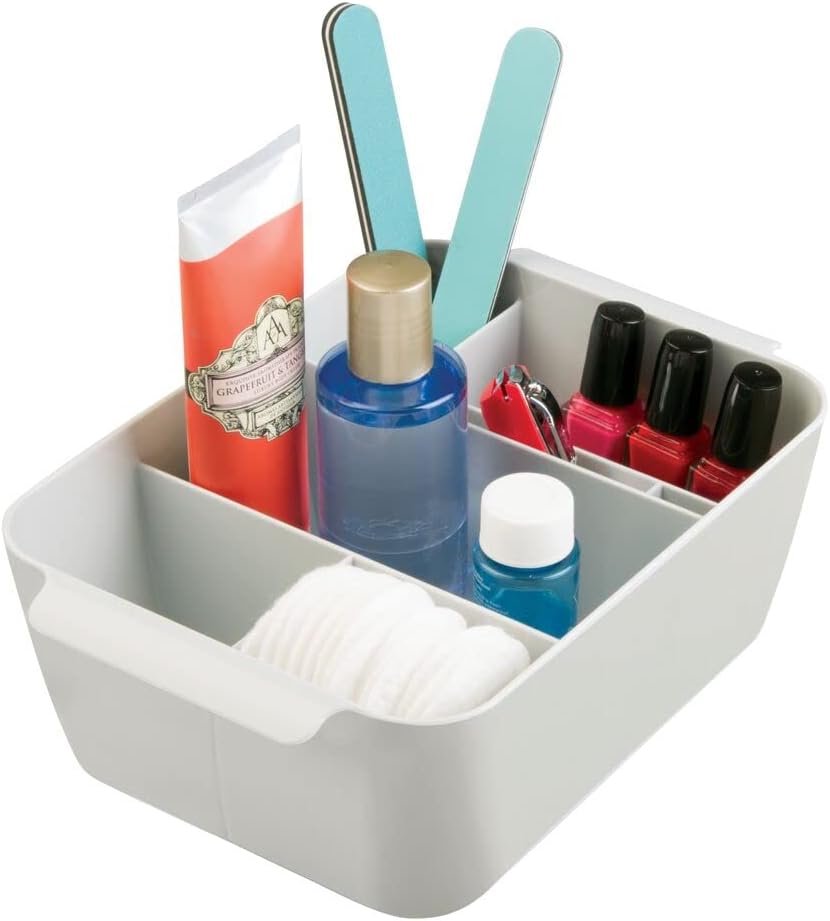 mDesign Plastic Makeup Storage Organizer Caddy - Divided Basket Bin for Bathroom Vanity Countertop, Cabinet - Holds Eyeshadow Palettes, Nail Polish, Brushes, Shower Essentials - Small - Light Gray