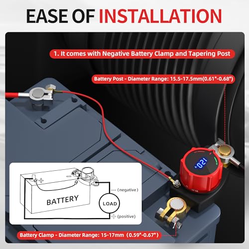 Image of Joinfworld Top Post Battery Disconnect Switch 12V-48V with Led Voltmeter, DC 5-60V Battery Kill Switch Negative On /Off Battery Cut Off Switch for Marine, Cars, Vehicles, RVs and Boats