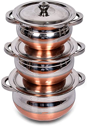 VACHCHHARAJ SALES Stainless Steel Copper Bottom Kitchen Serving, with Handle Unique Handi Set 3-Pieces (Copper – with Lids 3 Pcs)