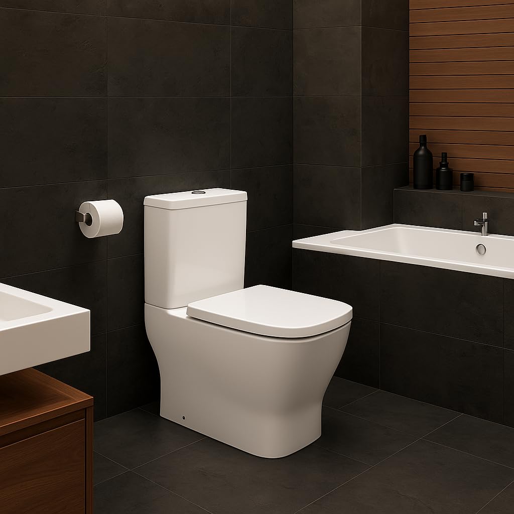 Novo bath - Inodoro Compacto Rimless Serie Mónaco – Estilo Tipo The Gap, Doble Descarga 3/6L, Salida Dual, Asiento UF Soft Close, Cisterna Incluida, Esmalte Antibacterias, Pegado a Pared