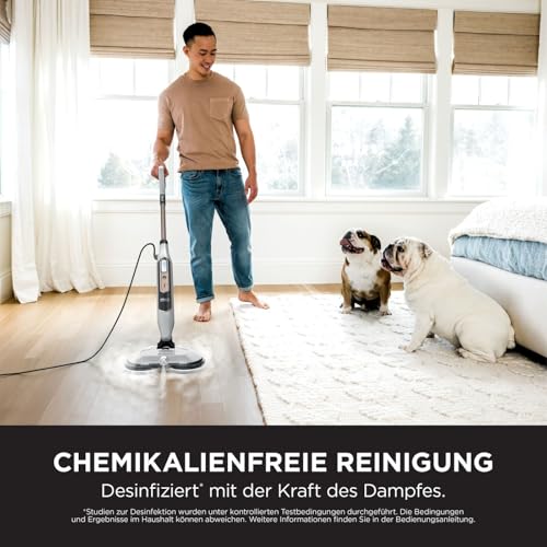 Shark Dampfreiniger, automatischer Dampfbesen mit Steam Blaster, 2 rotierende Power Pads, 3 Dampfstufen, desinfiziert, entfernt Flecken und Schmutz, für versiegelte Hartböden, weiß und grau S8201EU