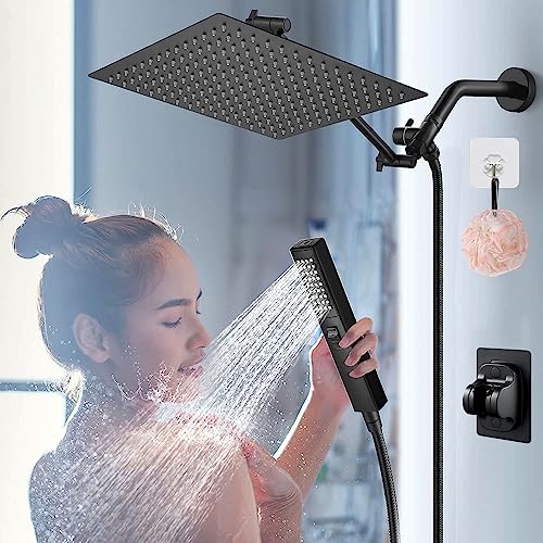 Shower Head,12 '' High Pressure Rain/Rainfall Shower Head/Handheld Showerhead Combo,13'' Brass Adjustable Extension Arm,3+2 Spray,78-Inch Hose Adhesive Showerhead Holder,Black Shower Heads #TOP7