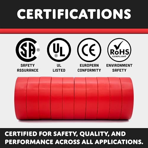 Image of TradeGear Red 10 Pack - UL Listed Colored Electrical Tape, 60 ft x 3 /4 in, 600V, Flame Retardant, Waterproof, Rubber Adhesive - Phase Marking, Wire ID, Automotive