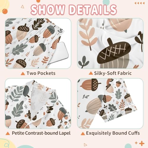 senya Forest Acorn Satin Summer Pajama Sets Silk Short Sleeve Button Down Sleepwear3