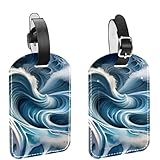 2 etiquetas de equipaje de piel sintética con estampado de ondas de mármol azul con correa ajustable, cubierta de protección de privacidad para evitar la pérdida de equipaje