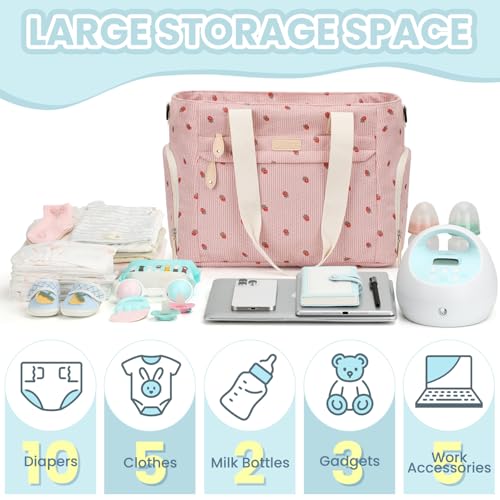 Image of Pritent Diaper Bag Tote for Working Mom, Large Travel Diaper Tote for Mom and Dad with 14 Inch Laptop Sleeve, Mommy Maternity Travel Baby Bag for Boys and Girls, Pink strawberry
