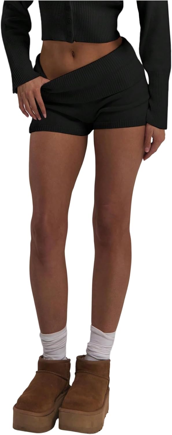 Verdusa Women's Y2K Fold Over Micro Shorts Ribbed Knit Going Out Mini Booty Shorts