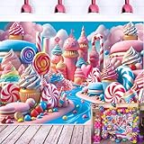 Candyland Backdrop Sweet Ice Cream Lollipop Doughnut Castle Candy Theme Photography Background Kids Girl Birthday Banner Baby Shower Cake Table Decorations Supplies 7x5FT