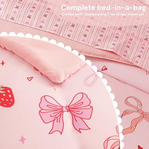 Image of BLOOMHAVEN Full Size Comforter Sets for Girls, 7 Pieces Pink Bedding Set with Strawberry Bow, All Seasons Kids Bed in a Bag with Sheets, Pillowcases & Shams